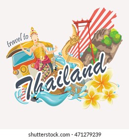 Travel Thailand landmarks. Thai vector icons. Vacations poster with thai ethnic elements