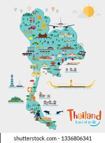 Travel To Thailand And Thailand Map, Landmarks And Travel Place, Temple. Vector Illustration