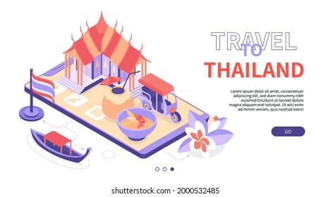 Travel to Thailand - modern colorful isometric web banner with copy space for text. An illustration with Thai symbols and landmarks placed on smartphone screen. Tuk-tuk, long-tail boat, Wat Arun