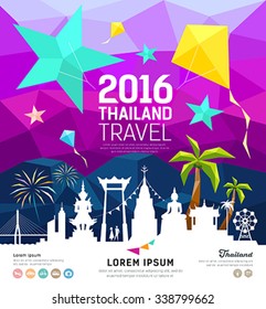 Travel Thailand new year with silhouette landmark on colorful geometric design background, vector illustration