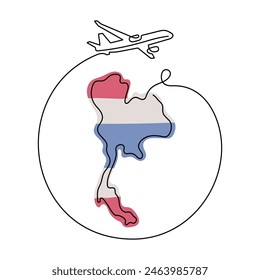 Travel Thailand one line vector illustration. Map of Thailand and airplane drawing.