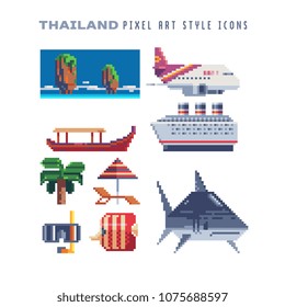 Travel to Thailand pixel art icons set part4, airplane and cruise liner, chaise longue and palm trees, snorkeling, Thai boat and islands isolated vector illustration. Design for stickers, logo, app. 
