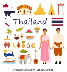 Travel to Thailand set, Thai culture elements and tourism objects, animals and title. Woman and man in traditional Chut Thai dress, Big Buddha and Buddhist temple, pagoda cartoon vector illustration