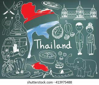 Travel to Thailand (Siam) doodle drawing icon with culture, costume, landmark and cuisine tourism concept in blackboard background, create by vector  
