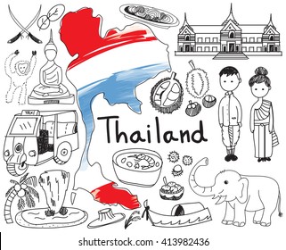 Travel to Thailand (Siam) doodle drawing icon with culture, costume, landmark and cuisine tourism concept in isolated background, create by vector  
