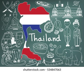 Travel to Thailand (Siam) doodle drawing icon with culture, costume, landmark and cuisine tourism concept in blackboard background, create by vector  
