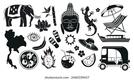 Travel to Thailand sticker set. Black and white set. Traditions, culture Thailand. Doodle elements Elephant, lizard, boat, map of Thailand, thai food, Buddha head, lotus, thai fruits.