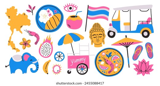 Travel to Thailand sticker set. Doodle elements Elephant, map of Thailand, thai food, Buddha head, lotus, thai fruits.