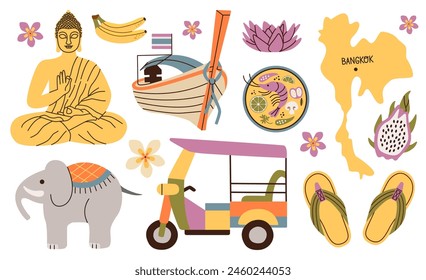 Travel to Thailand sticker set. Doodle elements Elephant, map of Thailand, thai food, Buddha head, lotus, thai fruits.