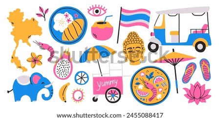 Travel to Thailand sticker set. Doodle elements Elephant, map of Thailand, thai food, Buddha head, lotus, thai fruits.