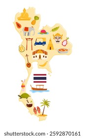 Travel to Thailand, stickers of culture landmarks, food and flag, animals on infographic stylized map for tourists. Gold stupa and Wat Pho, Giant Swing of Bangkok, fruits cartoon vector illustration