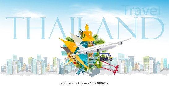 Travel Thailand  Text  - airplane and World,Cloud - Building in the city,  Buddha statue,pagoda,elephant, -modern Idea and Concept - Vector