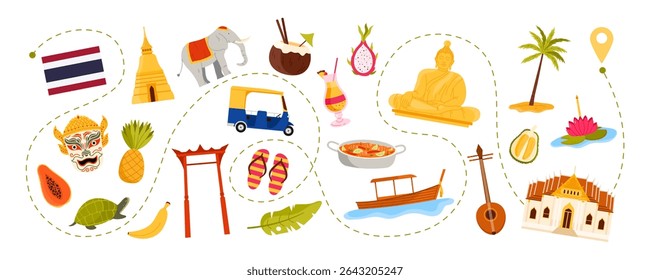 Travel to Thailand, Thai culture elements and Buddhist temples, food and beach vacation on tourist route around country. Long tail boat and Loy Krathong candle, durian cartoon vector illustration