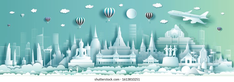 Travel Thailand top world famous palace and castle architecture. Tour popular landmark of Ayutthaya and Chiang Mai by Suphannahong boat symbol of Thai. Modern business brochure design for advertising.