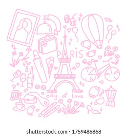Travel theme doodle. Paris doodle set. For print, icon, logo, poster, symbol, design, decor, textile, paper, card, invitation, holiday.