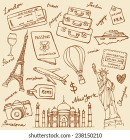 Travel theme doodle vector set grunge background