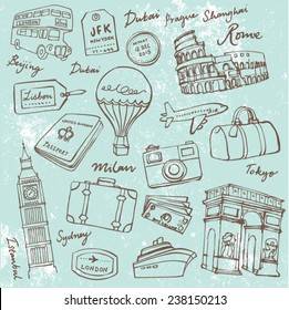 Travel theme doodle vector set grunge background