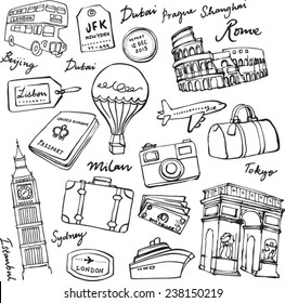 Travel theme doodle vector set grunge background