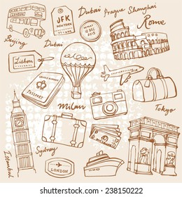 Travel theme doodle vector set grunge background