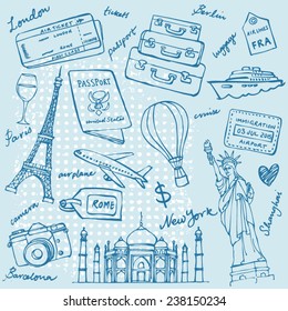 Travel theme doodle vector set grunge background