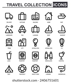 travel theme icon set. thick outline style. van, suitcase, building, hotel, accommodation, yacht, landscape, taxi, sailing ship, city, binoculars, cocktail, tent, juice, security, diving.vector travel