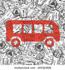 Travel theme illustration with bus icon and border stamps pattern