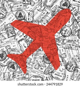 Travel theme illustration with plane icon and border stamps pattern