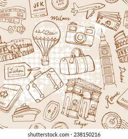 Travel theme seamless vector grunge background