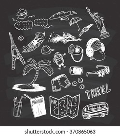 travel themed doodle on chalkboard background