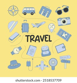 travel themed element icons in a colorful flat doodle style