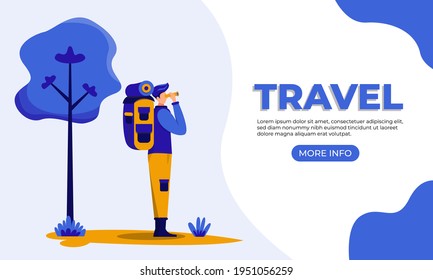 Travel themed social media post web banner with an illustration of a man preparing for camp