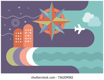 Travel themed vector illustration with wind rose, a plane flying above the sea and vacation houses
