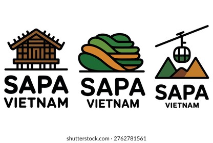 Travel themed vector logo collection inspired by Sapa, Vietnam featuring traditional ethnic house, terraced rice fields and mountain cable car landscape. Flat colorful line style illustrations suitable for tourism branding, destination promotion, travel guides and outdoor adventure concepts.