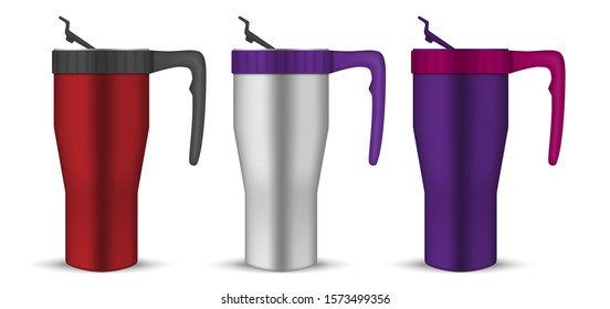 Travel thermal mug set isolated on white background. Metal thermos with handle and flip lid. Color steel insulated reusable tumbler coffee cup. Vector template. Easy to recolor.