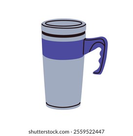 Travel thermo mug with lid and handle. Insulated thermal cup for hot beverages, coffee and tea. Portable tumbler, drinkware for hiking. Flat graphic vector illustration isolated on white background