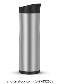 Travel thermo mug, realistic mockup. Stainless steel vacuum insulated jug for on the go drinks, vector illustration.