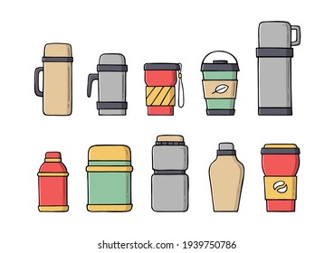 Travel thermo mugs in color, reusable cups for hot drinks in doodle style. Colored hand drawn set of tumblers with cover.