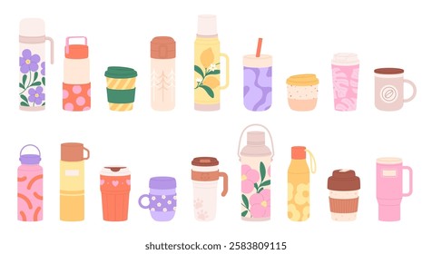 Travel thermo mugs. Thermos, reusable cups, tumblers for hot drinks. Touristic camping equipment for coffee tea and beverages, hiking tumbler racy vector set