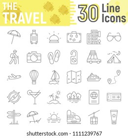 Travel thin line icon set, tourism symbols collection, vector sketches, logo illustrations, holiday signs linear pictograms package isolated on white background, eps 10.