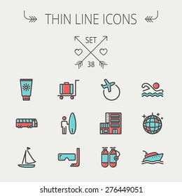 Travel thin line icon set for web and mobile. Set include- yacht, oxygen tank, snorkel with mask, luggage, hotel, sailboat, plane   icons. Modern minimalistic flat design. Vector icon with dark grey