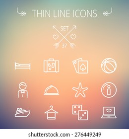 Travel thin line icon set for web and mobile. Set includes-luggage, food cover, towel on a hanger, bed, waiter, beach ball, starfish, cruise ship icons. Modern minimalistic flat design. Vector white