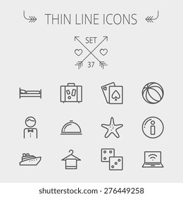 Travel Thin Line Icon Set For Web And Mobile. Set Includes- Luggage, Food Cover, Towel On A Hanger, Bed, Waiter, Beach Ball, Starfish, Cruise Ship Icons. Modern Minimalistic Flat Design. Vector Dark