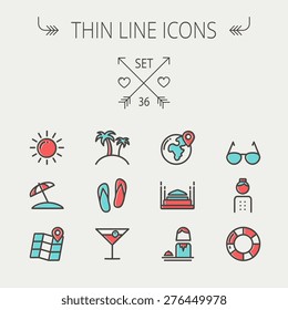 Travel thin line icon set for web and mobile. Set include-beach umbrella, slippers, map, sun, sunglasses, palm tree icons. Modern minimalistic flat design. Vector icon with dark grey outline and