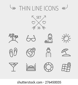 Travel thin line icon set for web and mobile. Set includes- beach umbrella, slippers, map, sun, sunglasses, palm tree icons. Modern minimalistic flat design. Vector dark grey icon on light grey