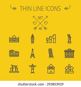 Travel Thin Line Icon Set For Web And Mobile. Set Includes- Mosque, Statue, Tower, Clock, Office Building, Famous Gate, National Library, Muslim Community, Leaning Tower Pisa, Icons. Modern