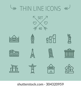 Travel Thin Line Icon Set For Web And Mobile. Set Includes- Mosque, Statue, Tower, Clock, Office Building, Famous Gate, National Library, Muslim Community, Leaning Tower Pisa, Icons. Modern