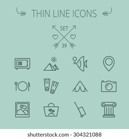 Travel thin line icon set for web and mobile. Set includes- camera, picture freame, pin location, floppers, fish, bag, table setting, tent, luggage cart, icons. Modern minimalistic flat design. Vector