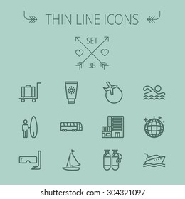 Travel thin line icon set for web and mobile. Set includes- yacht, oxygen tank, snorkel with mask, luggage, hotel, sailboat, plane, wakeboard, swimming, icons. Modern minimalistic flat design. Vector