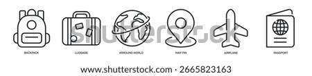 Travel thin line icon set. Flight, backpacker, holiday minimal icons
