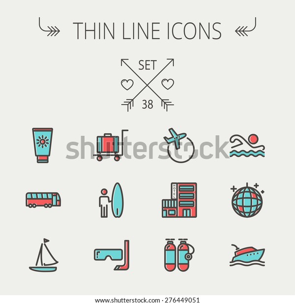 Travel thin line icon set for web and mobile. Set\
include- yacht, oxygen tank, snorkel with mask, luggage, hotel,\
sailboat, plane   icons. Modern minimalistic flat design. Vector\
icon with dark grey
